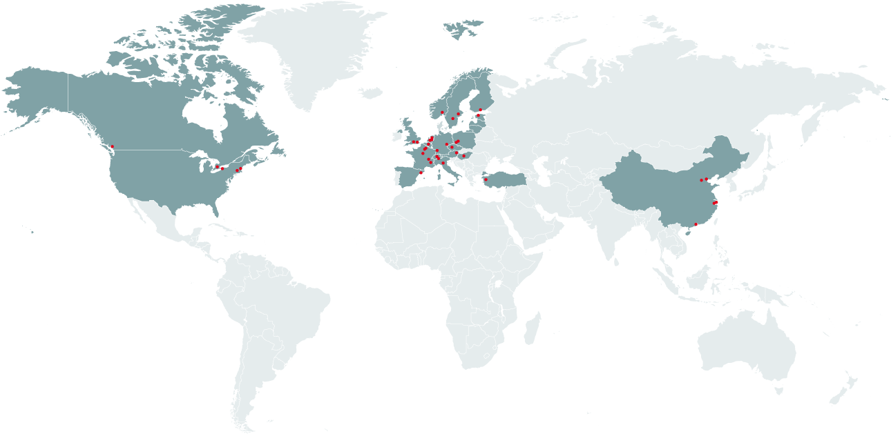 Infographic van de wereldkaart van Zehnder Group met alle verkoopondernemingen en vertegenwoordigingskantoren in meer dan zeventig landen